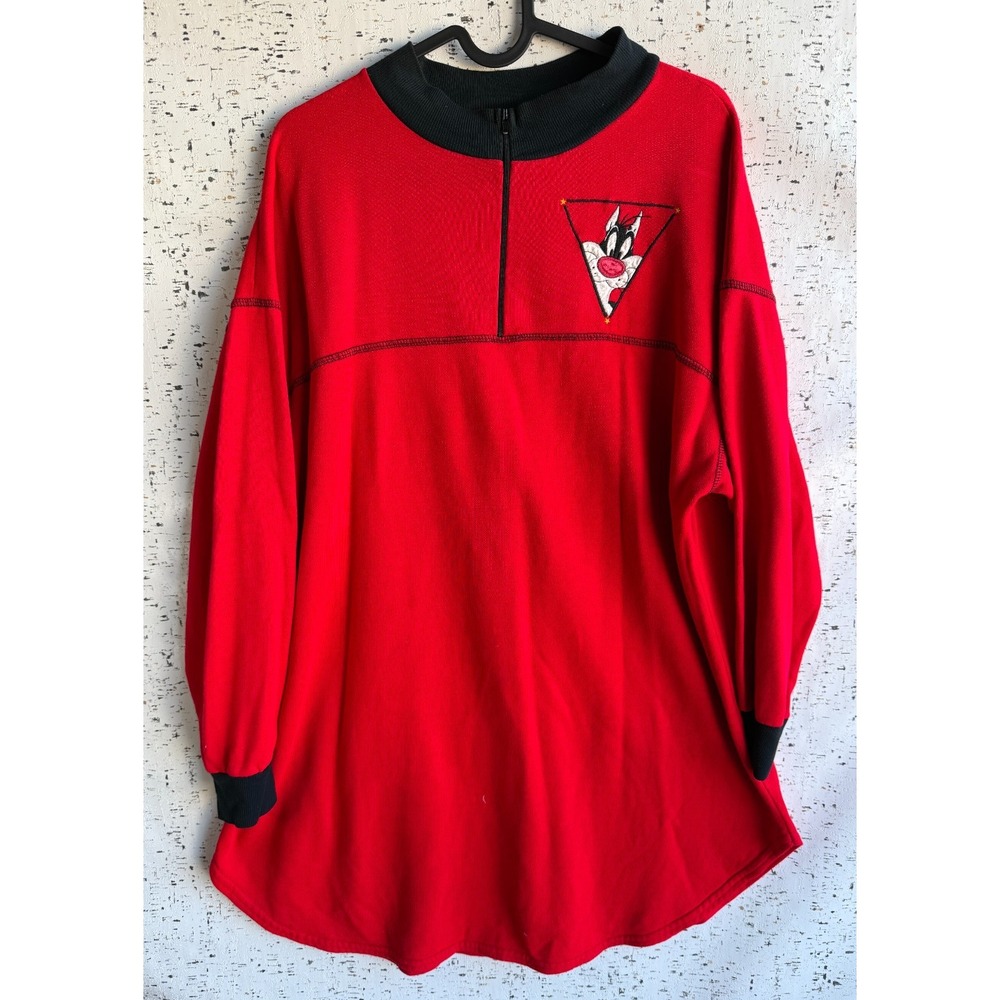 VTG Womens Sz XL Looney Tunes 1997 Red Oversized Long Sleeve Shirt 1/4 Zip - Picture 1 of 9